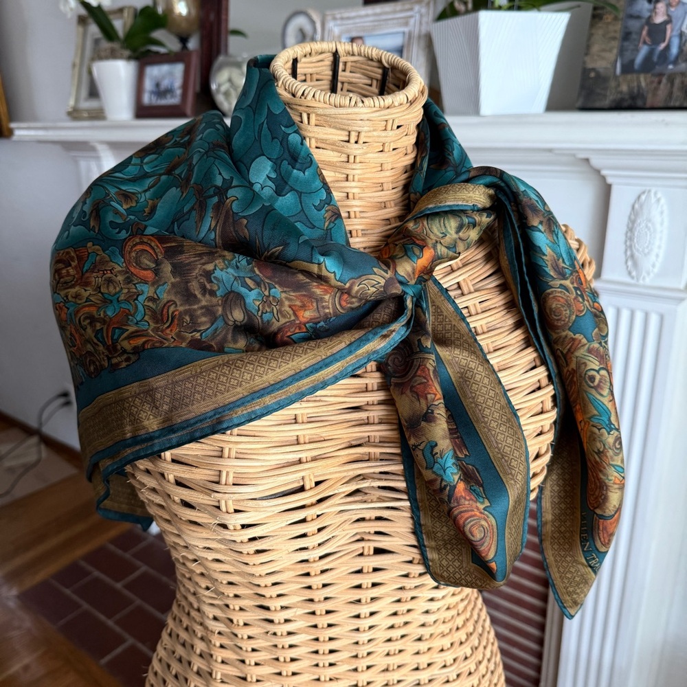 Vintage Ellen Tracy teak and orange silk boho scarf